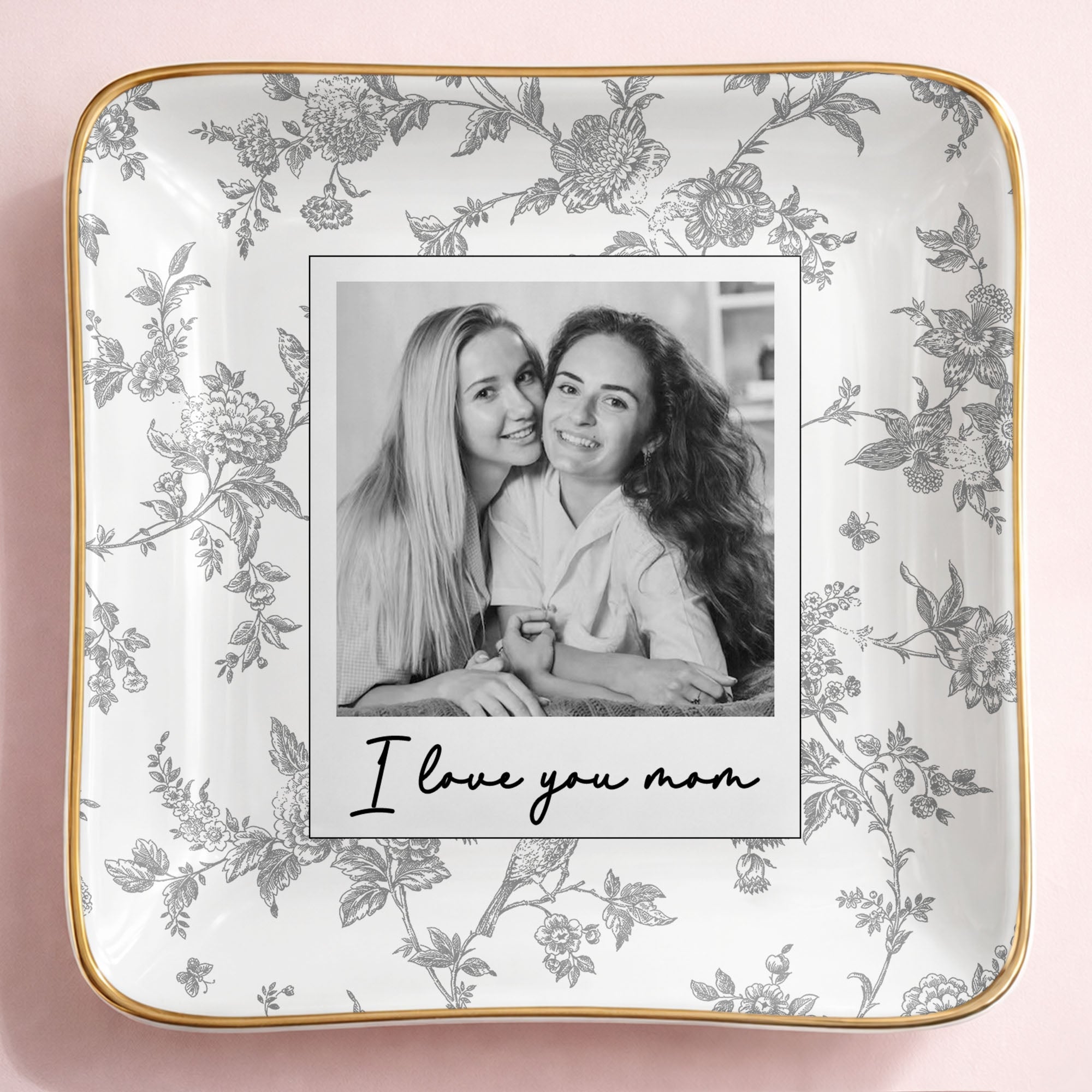 I Love You Mom Custom Photo And Floral Pattern - Personalized Custom Jewelry Dish, Ceramic Dish, Square Shape - MOM421_SCRF