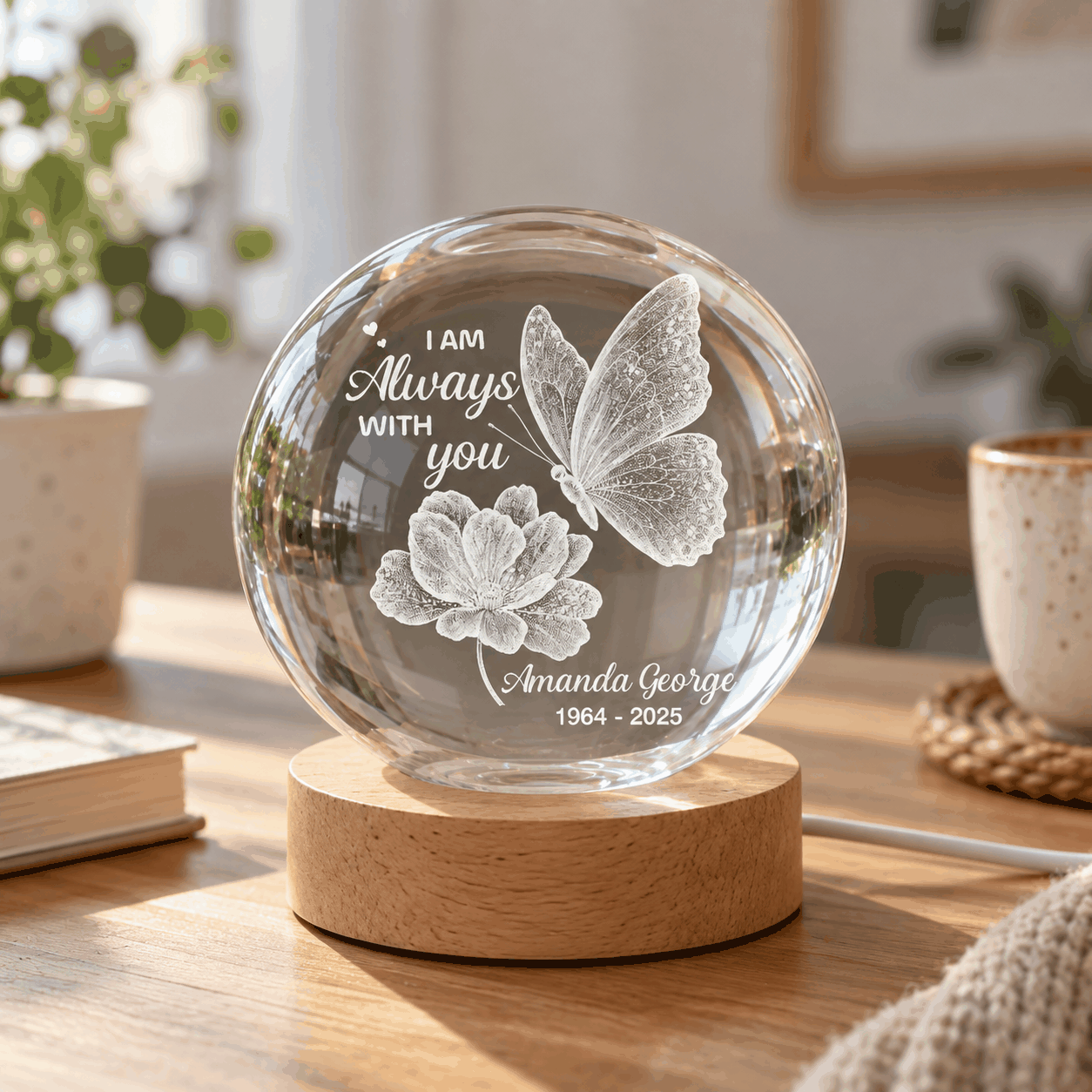 Now She Flies With Butterflies Memorial - Personalized Crystal Ball LED Night Light