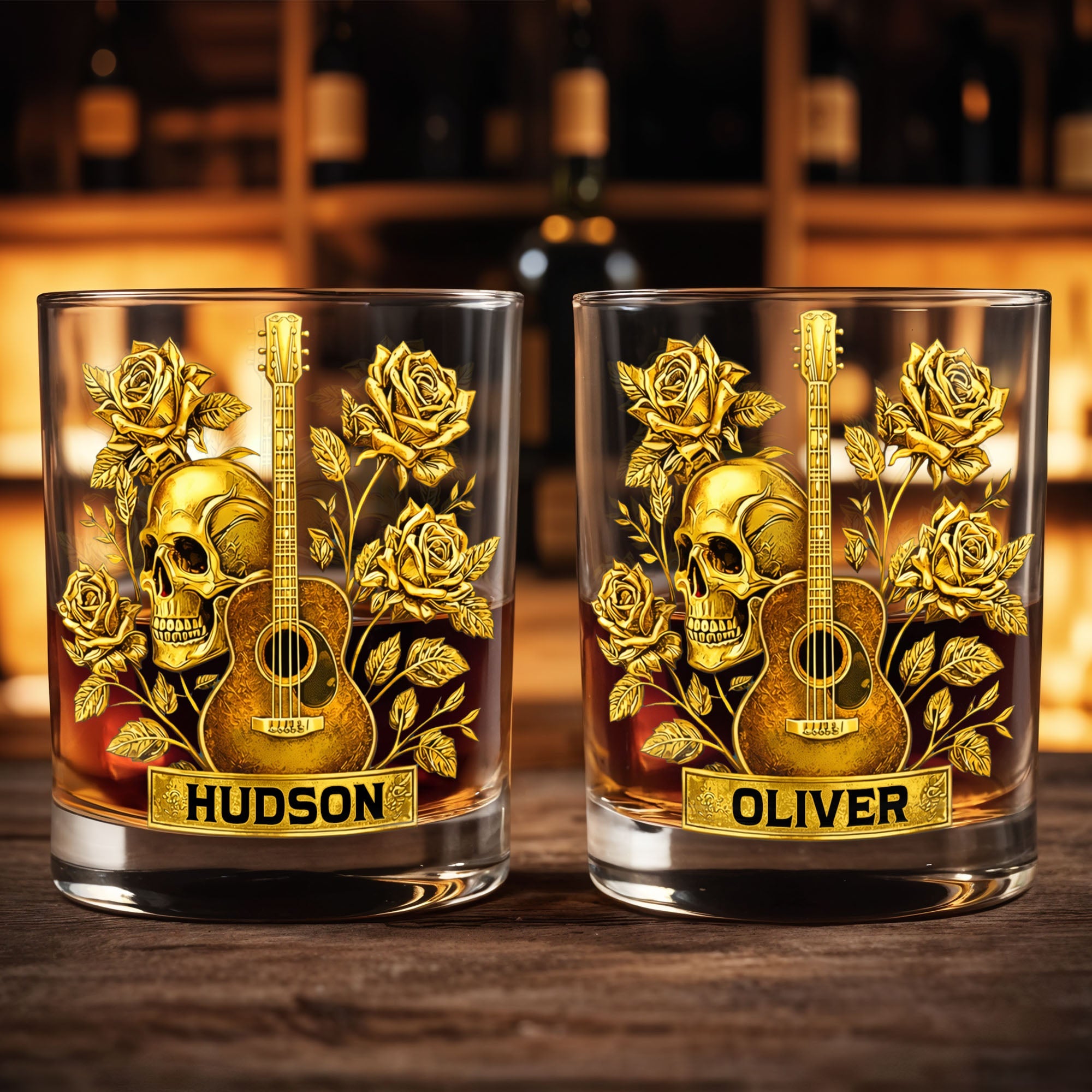 Rock On With This Golden Harmony Guitar Skull And Roses - Personalized Custom Whiskey Glass - MUSIC001_RWG