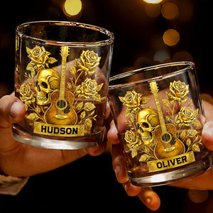 Rock On With This Golden Harmony Guitar Skull And Roses - Personalized Custom Whiskey Glass - MUSIC001_RWG