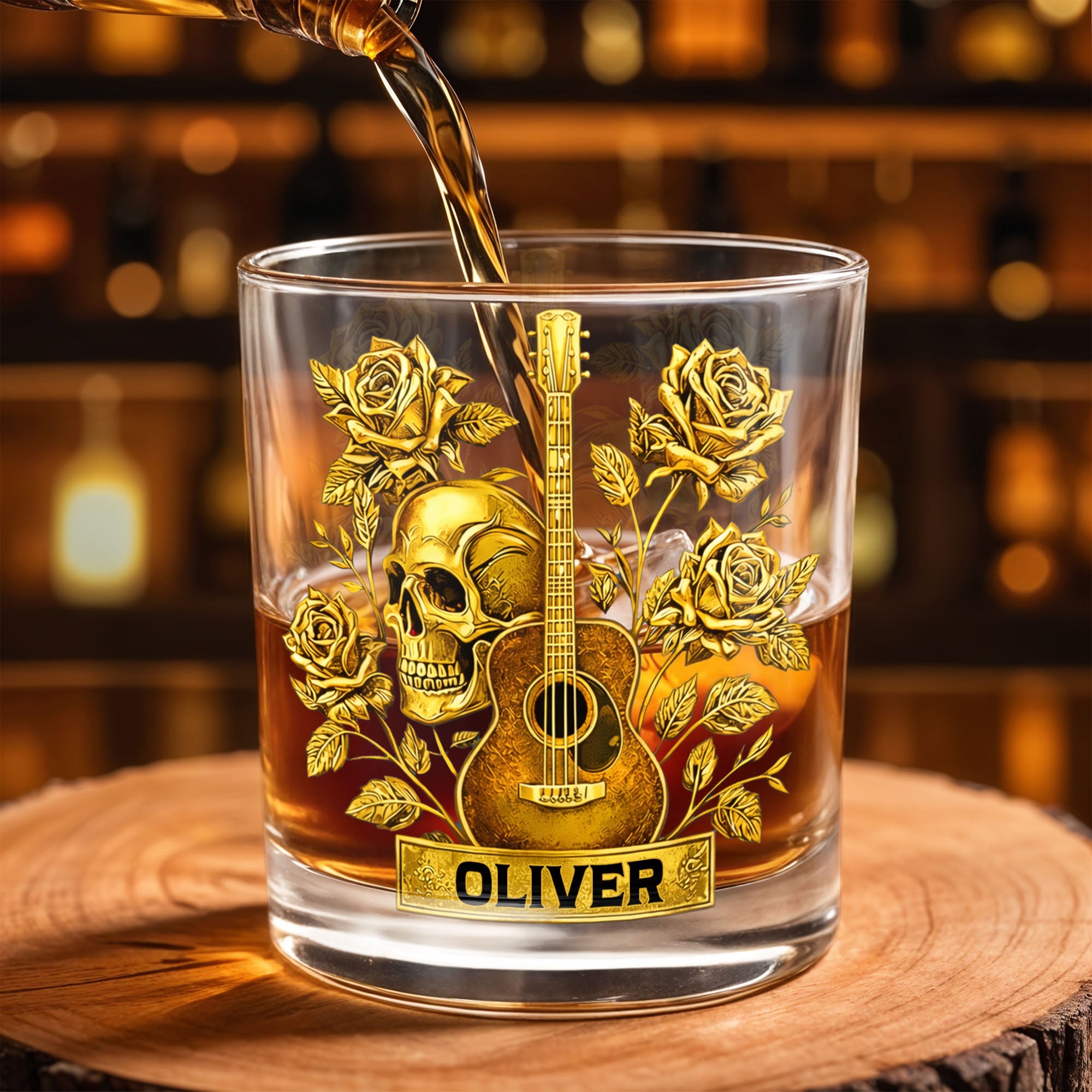 Rock On With This Golden Harmony Guitar Skull And Roses - Personalized Custom Whiskey Glass - MUSIC001_RWG