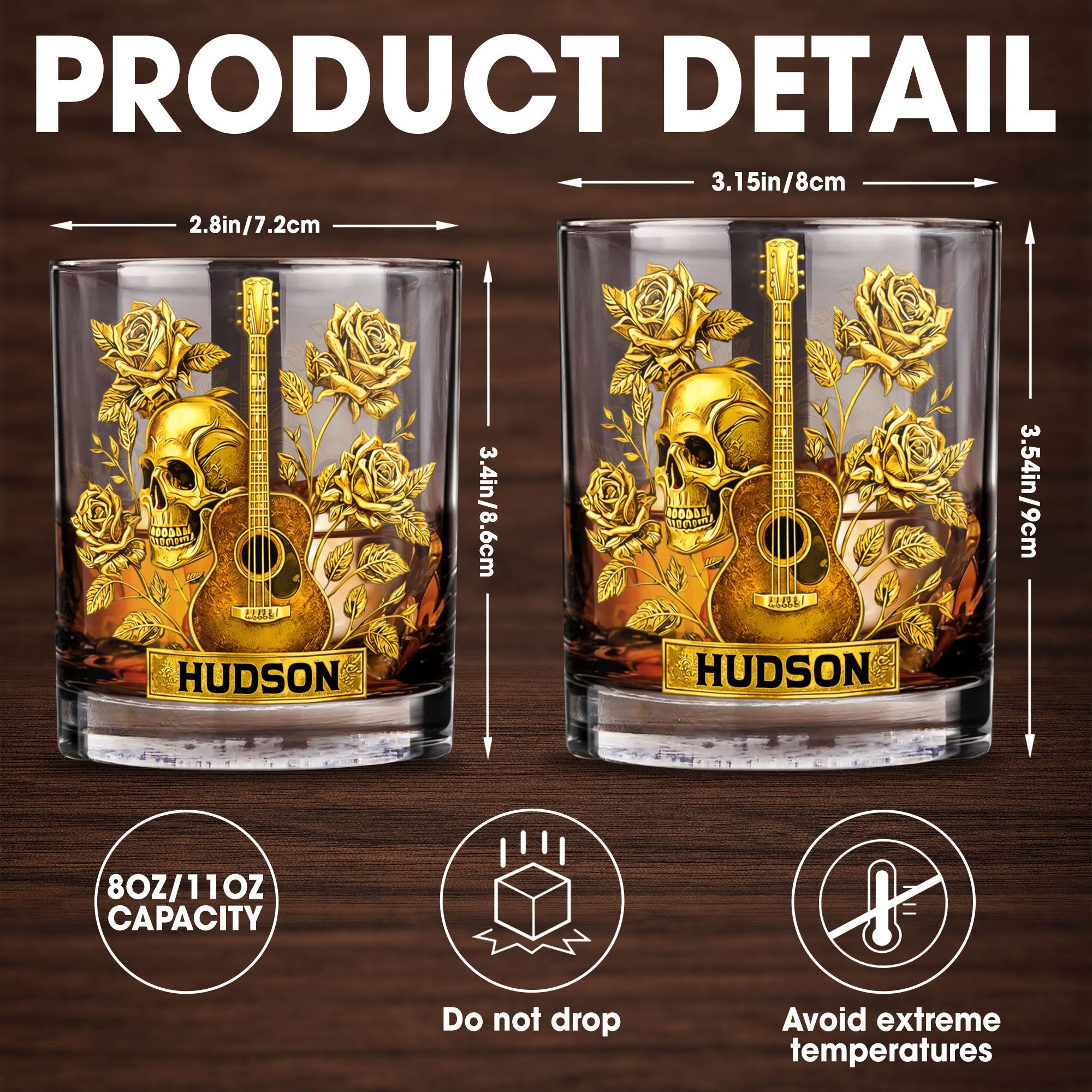 Rock On With This Golden Harmony Guitar Skull And Roses - Personalized Custom Whiskey Glass - MUSIC001_RWG