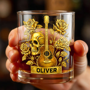 Rock On With This Golden Harmony Guitar Skull And Roses - Personalized Custom Whiskey Glass - MUSIC001_RWG