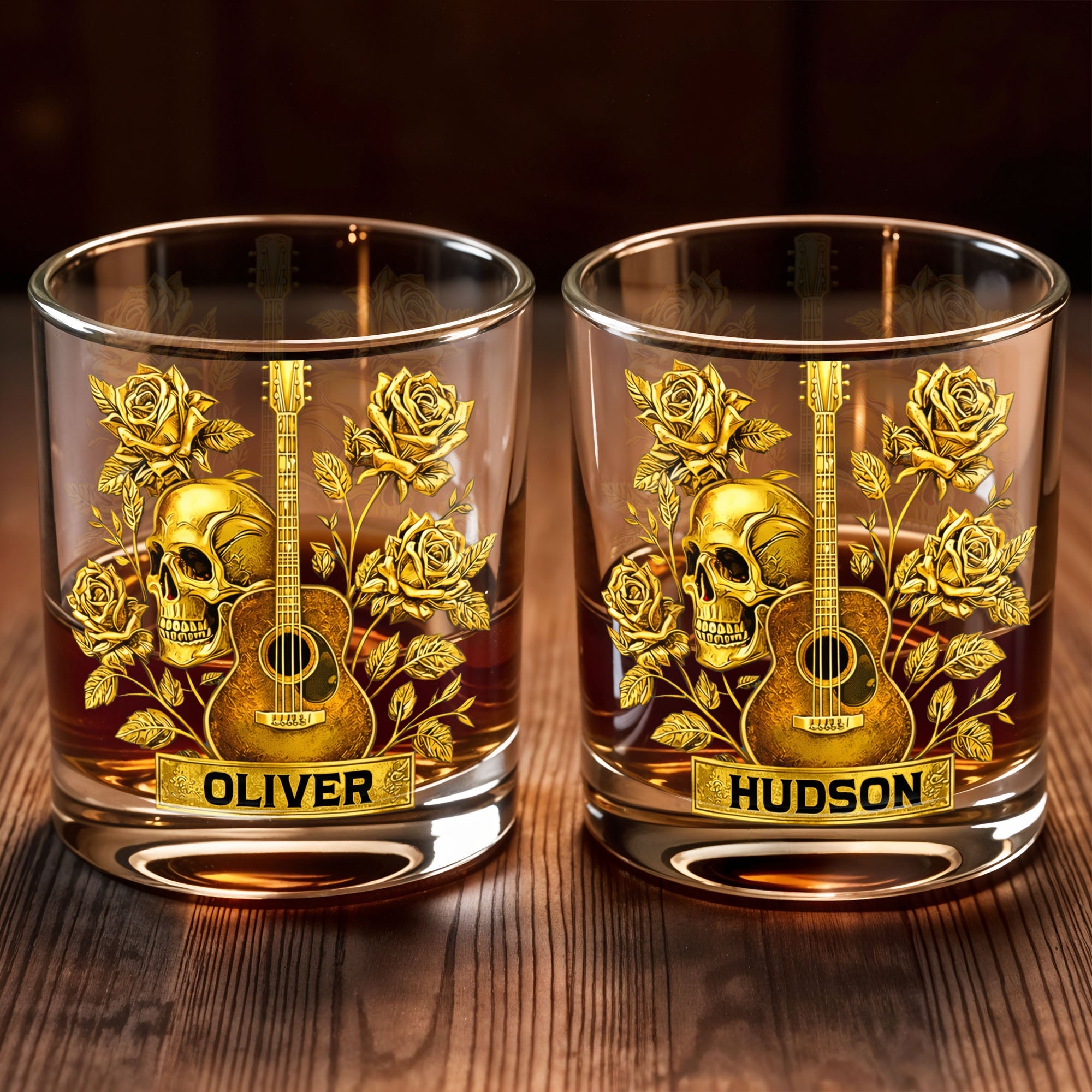 Rock On With This Golden Harmony Guitar Skull And Roses - Personalized Custom Whiskey Glass - MUSIC001_RWG