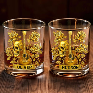 Rock On With This Golden Harmony Guitar Skull And Roses - Personalized Custom Whiskey Glass - MUSIC001_RWG