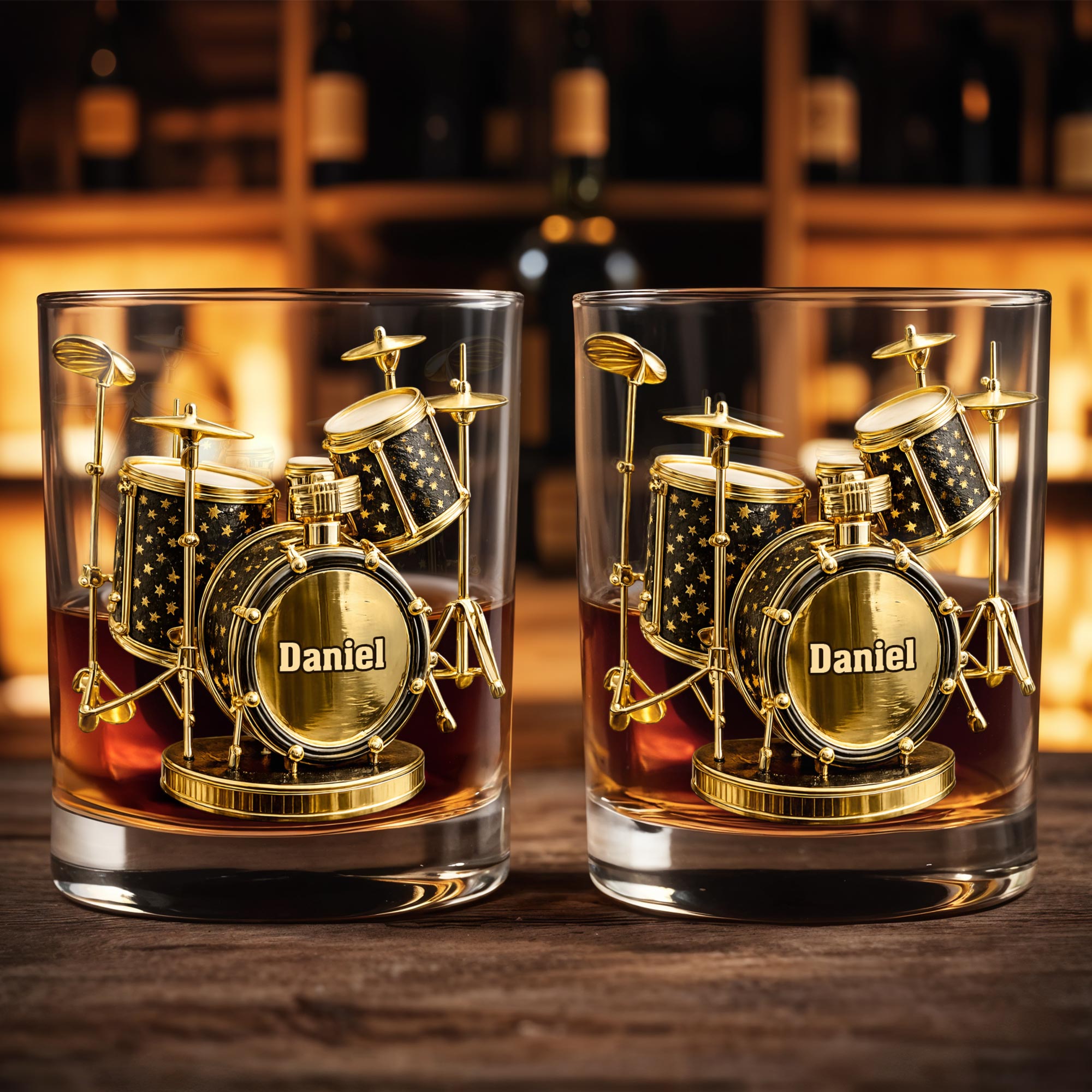 Rock To The Beat Of Your Own Drum Set Golden Musical Instrument - Personalized Custom Whiskey Glass - MUSIC011_RWG