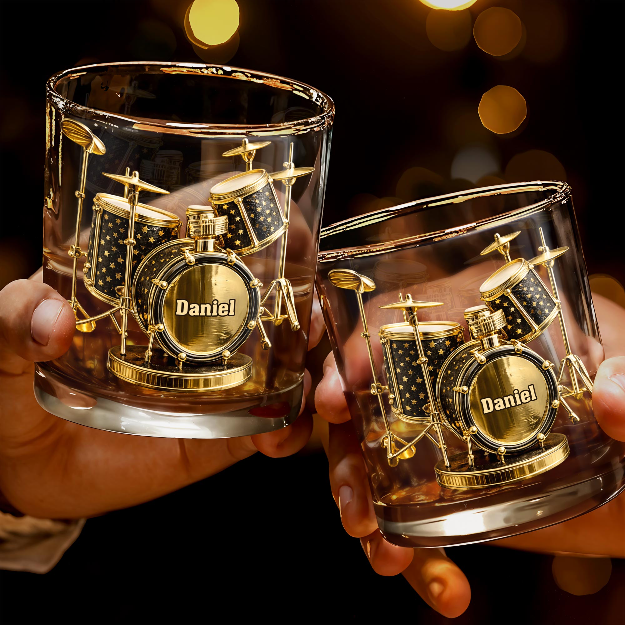 Rock To The Beat Of Your Own Drum Set Golden Musical Instrument - Personalized Custom Whiskey Glass - MUSIC011_RWG
