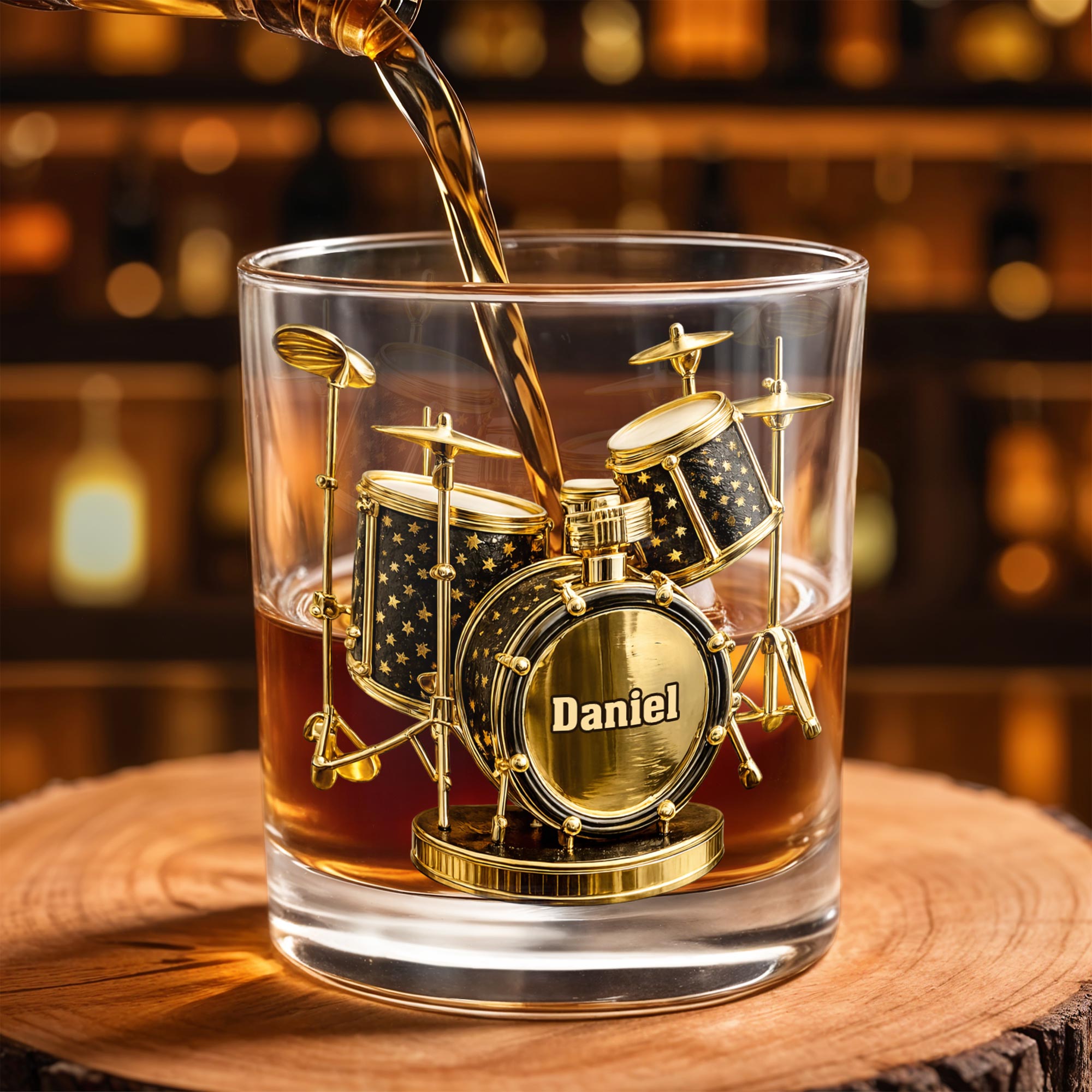 Rock To The Beat Of Your Own Drum Set Golden Musical Instrument - Personalized Custom Whiskey Glass - MUSIC011_RWG