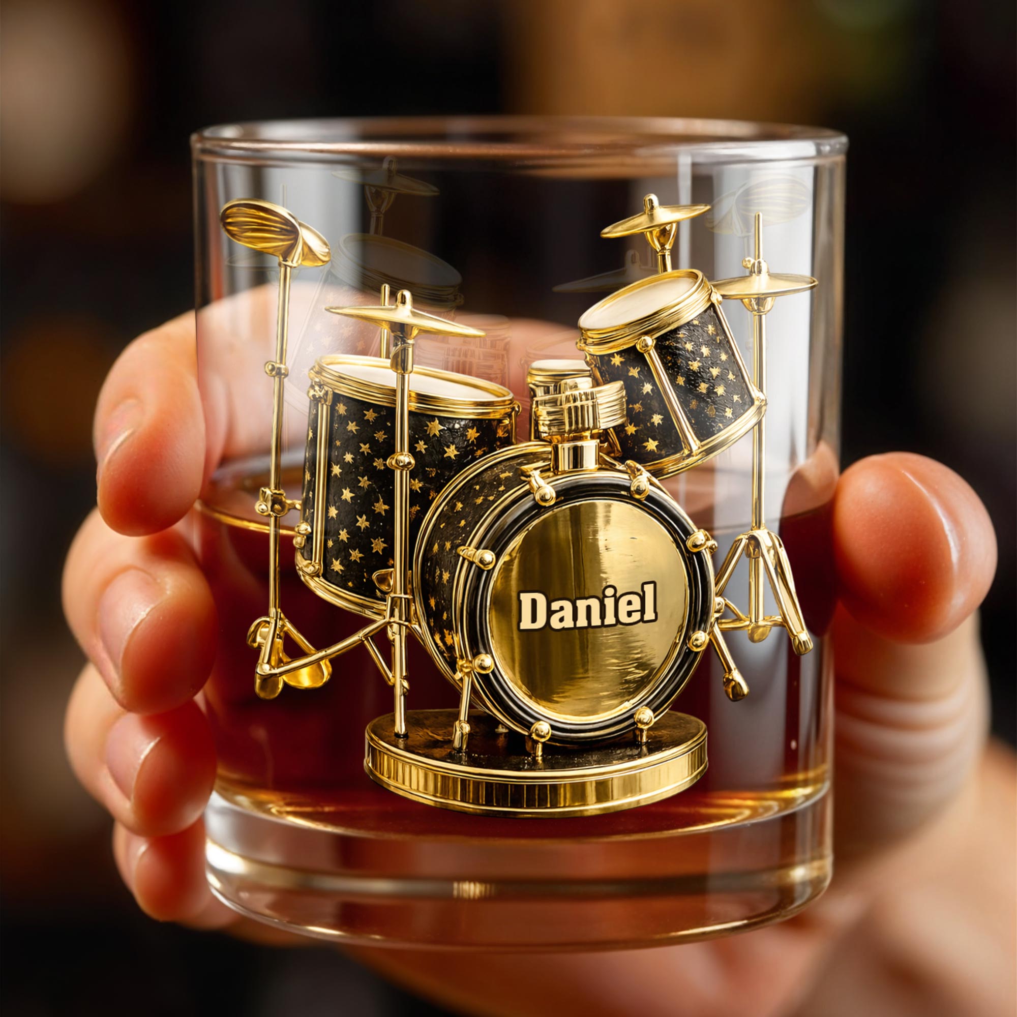 Rock To The Beat Of Your Own Drum Set Golden Musical Instrument - Personalized Custom Whiskey Glass - MUSIC011_RWG