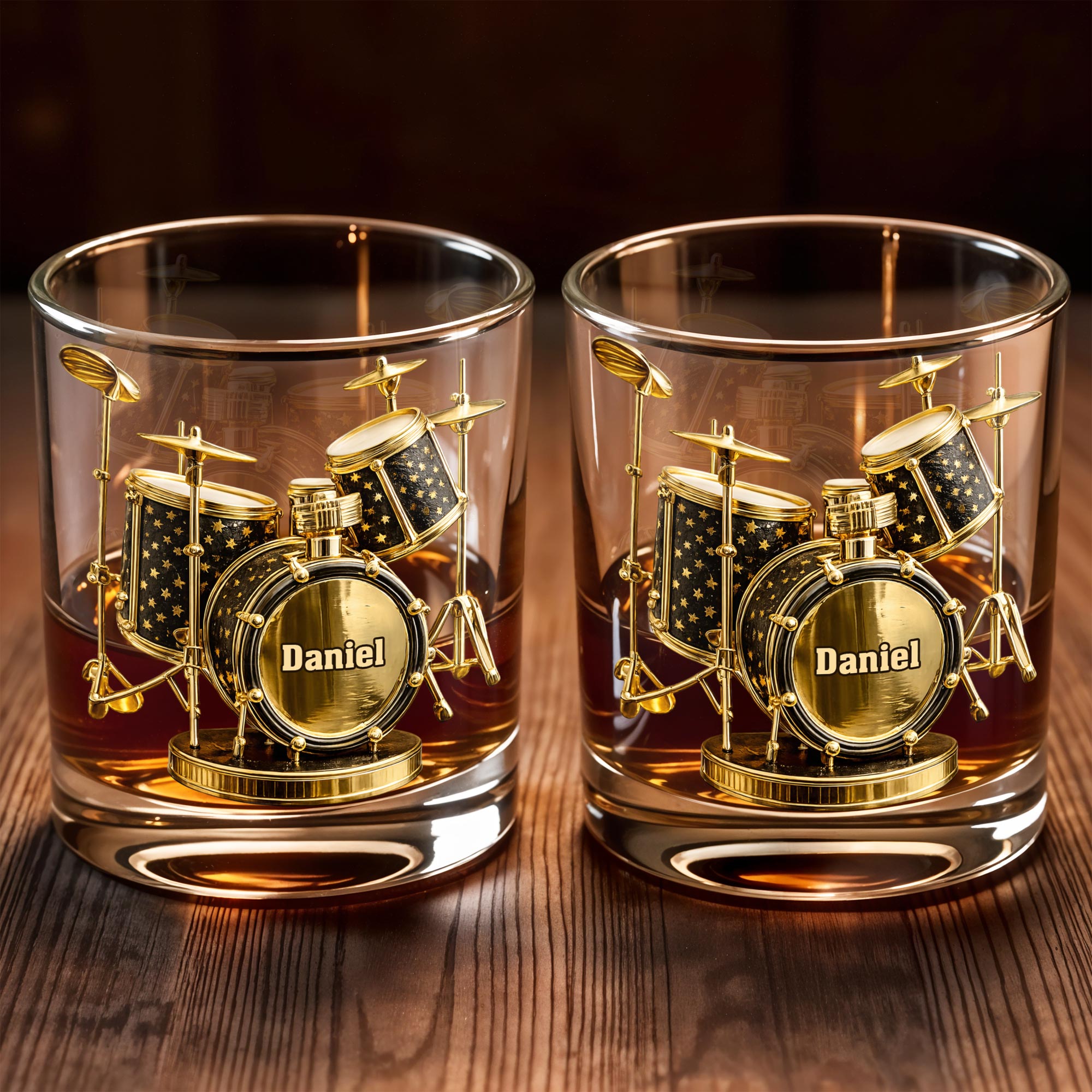 Rock To The Beat Of Your Own Drum Set Golden Musical Instrument - Personalized Custom Whiskey Glass - MUSIC011_RWG