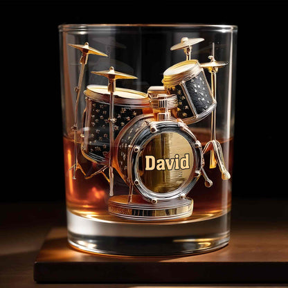 Drummer Music Lover Custom Name With Drum Set Design - Personalized Custom Whiskey Glass - MUSIC054_RWG