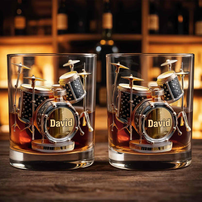 Drummer Music Lover Custom Name With Drum Set Design - Personalized Custom Whiskey Glass - MUSIC054_RWG