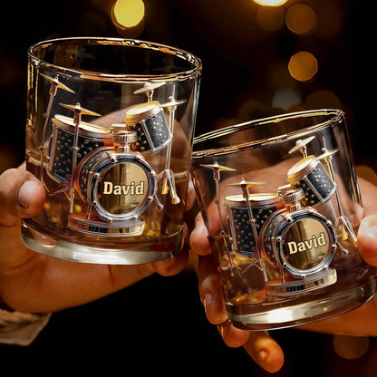 Drummer Music Lover Custom Name With Drum Set Design - Personalized Custom Whiskey Glass - MUSIC054_RWG