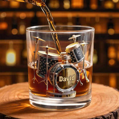Drummer Music Lover Custom Name With Drum Set Design - Personalized Custom Whiskey Glass - MUSIC054_RWG