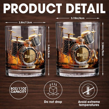 Drummer Music Lover Custom Name With Drum Set Design - Personalized Custom Whiskey Glass - MUSIC054_RWG