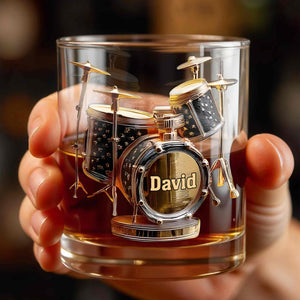 Drummer Music Lover Custom Name With Drum Set Design - Personalized Custom Whiskey Glass - MUSIC054_RWG