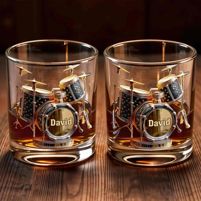 Drummer Music Lover Custom Name With Drum Set Design - Personalized Custom Whiskey Glass - MUSIC054_RWG