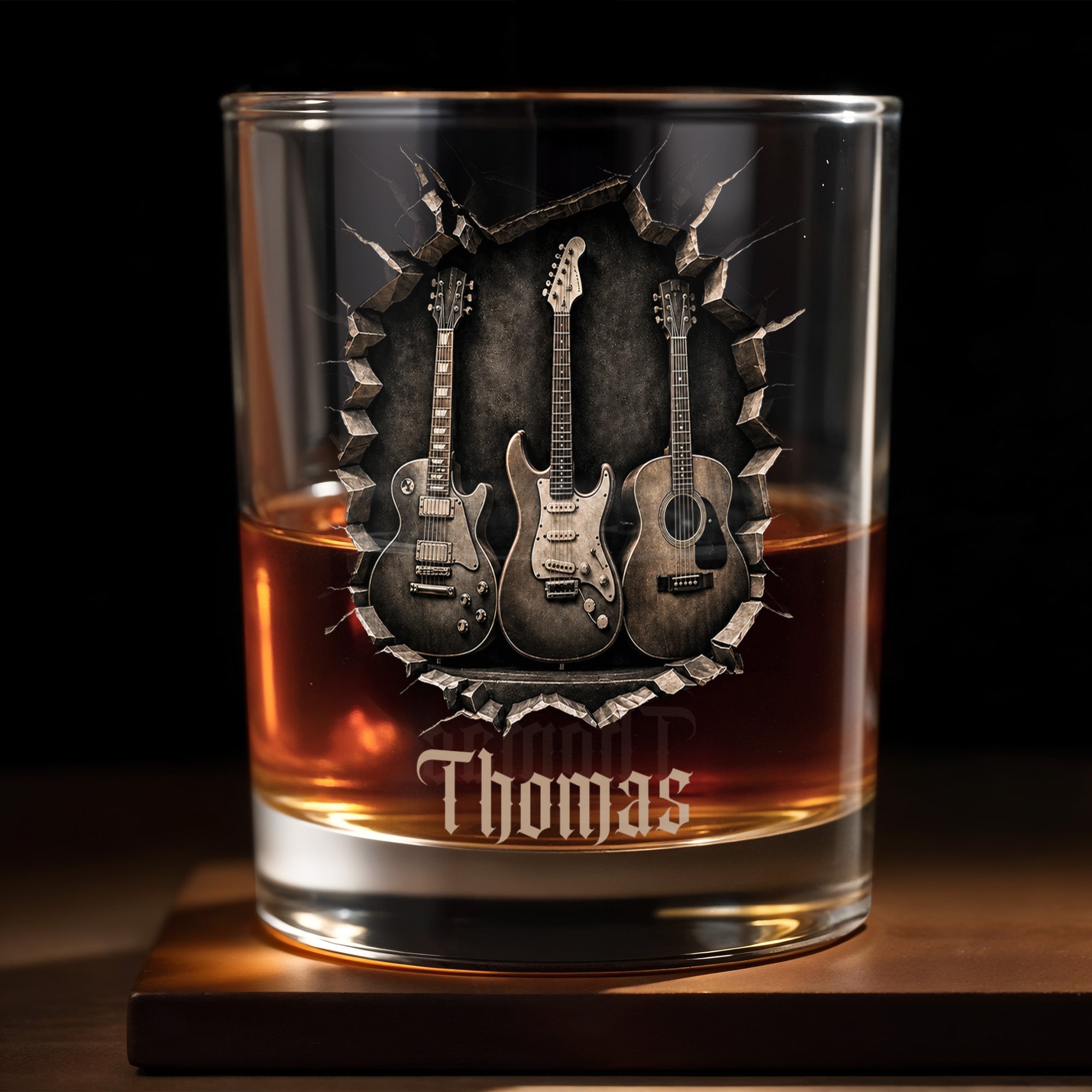 Rock On With Your Favorite Guitars Featuring Three 3D Guitars - Personalized Custom Whiskey Glass - MUSIC097_RWG
