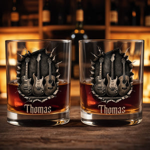 Rock On With Your Favorite Guitars Featuring Three 3D Guitars - Personalized Custom Whiskey Glass - MUSIC097_RWG