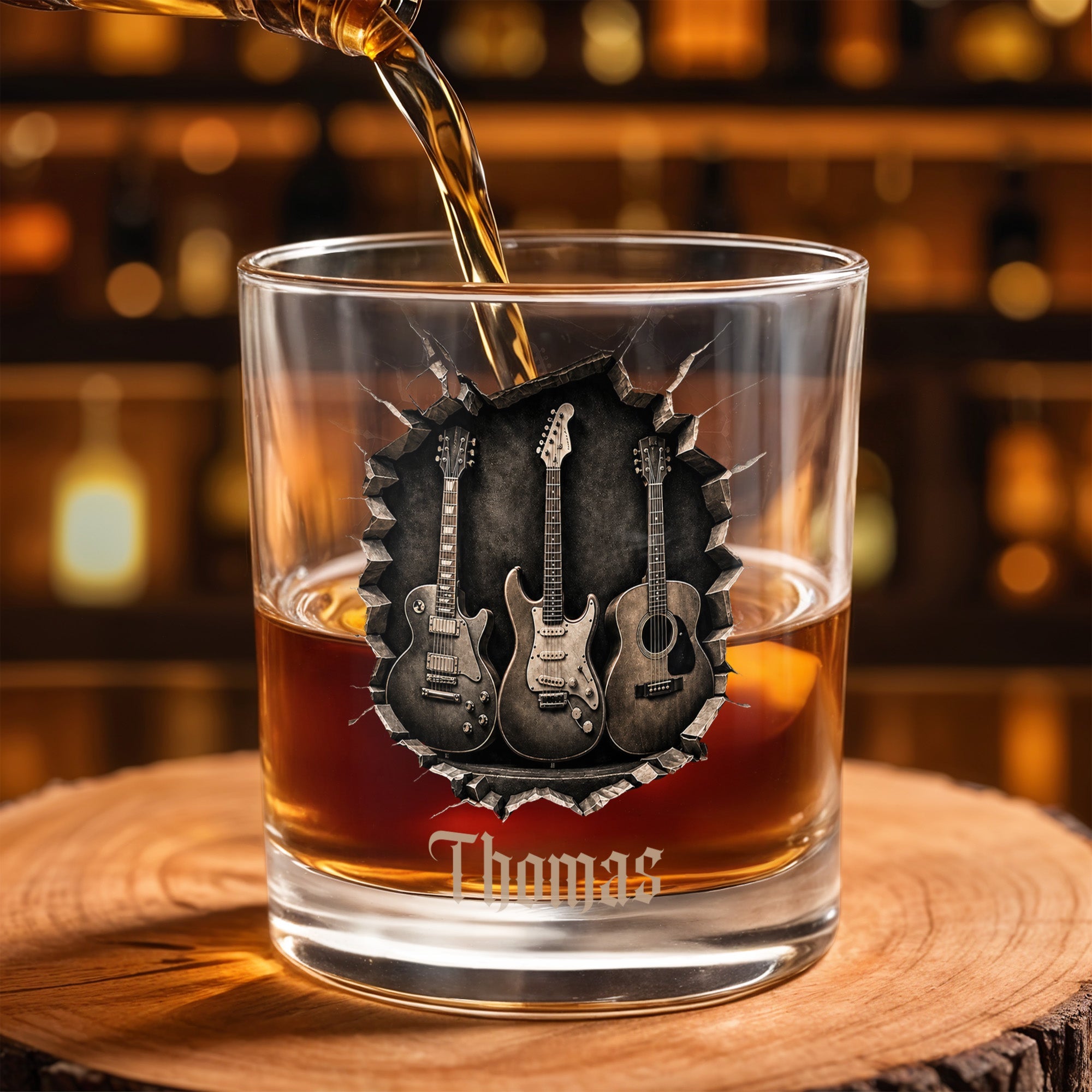 Rock On With Your Favorite Guitars Featuring Three 3D Guitars - Personalized Custom Whiskey Glass - MUSIC097_RWG