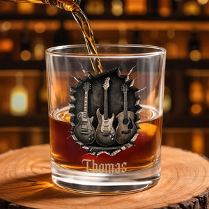 Rock On With Your Favorite Guitars Featuring Three 3D Guitars - Personalized Custom Whiskey Glass - MUSIC097_RWG