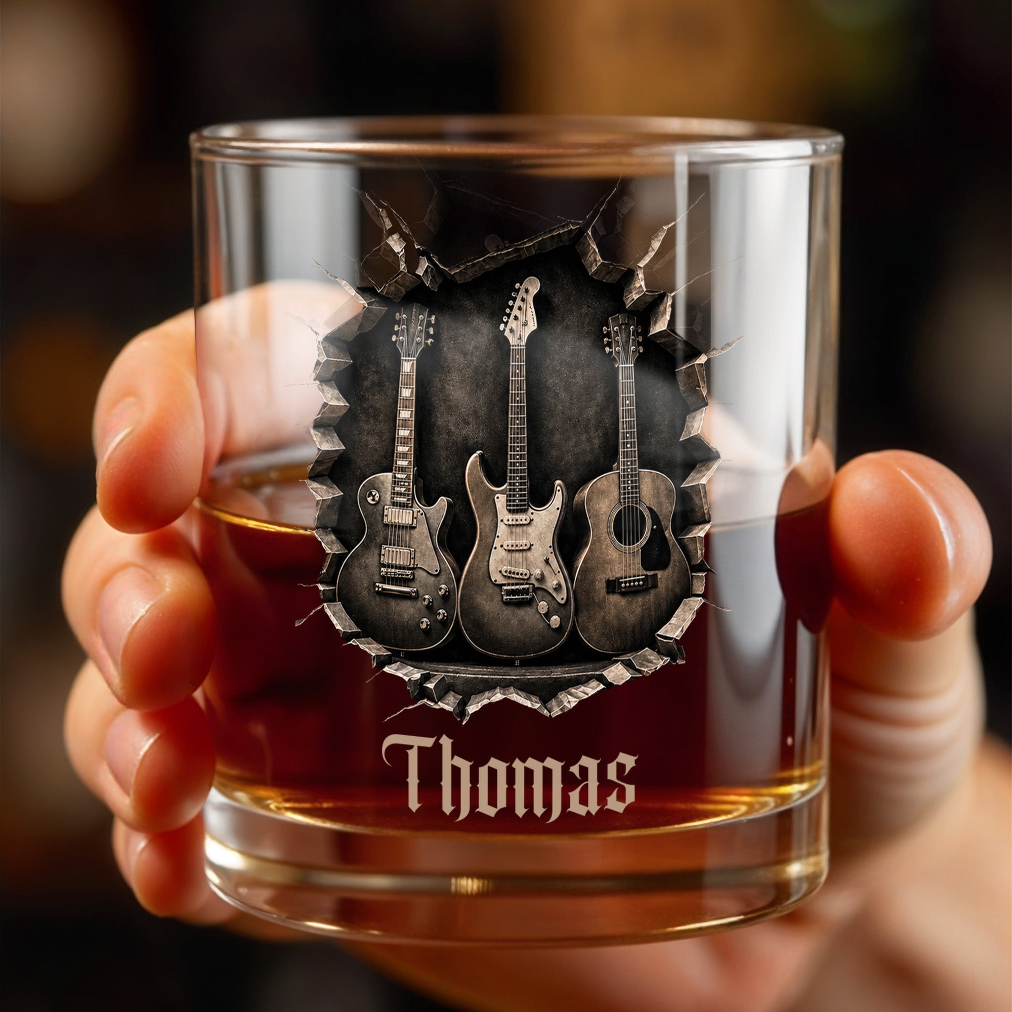 Rock On With Your Favorite Guitars Featuring Three 3D Guitars - Personalized Custom Whiskey Glass - MUSIC097_RWG