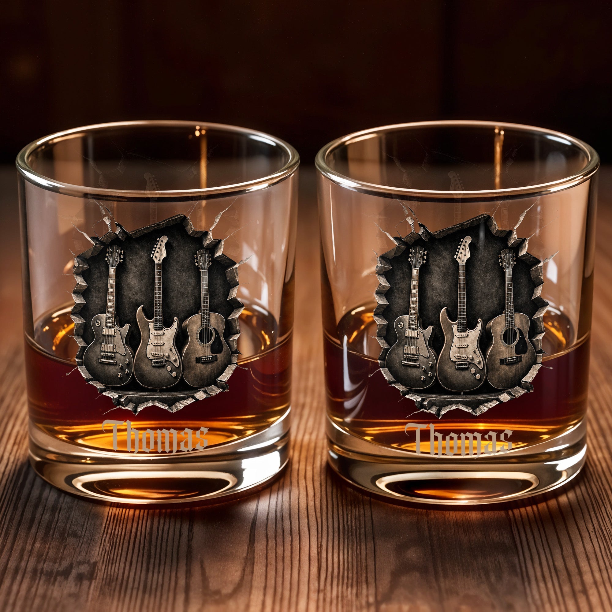 Rock On With Your Favorite Guitars Featuring Three 3D Guitars - Personalized Custom Whiskey Glass - MUSIC097_RWG