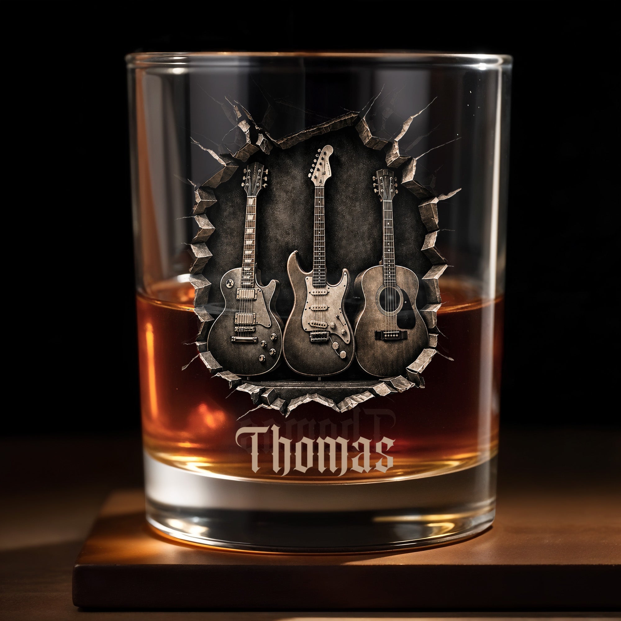 Rock On With Your Favorite Guitars Featuring Three 3D Guitars - Personalized Custom Whiskey Glass - MUSIC097_RWG