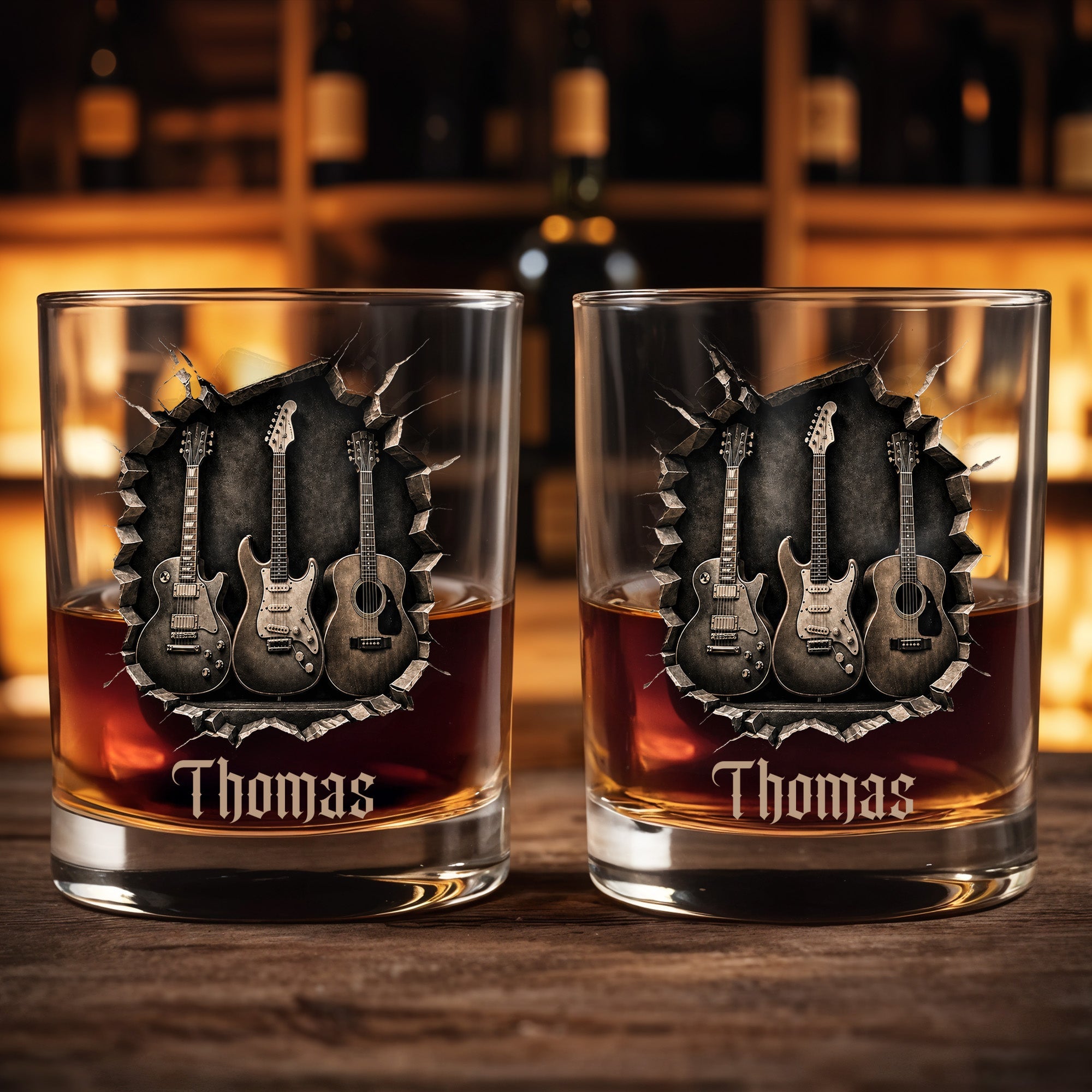 Rock On With Your Favorite Guitars Featuring Three 3D Guitars - Personalized Custom Whiskey Glass - MUSIC097_RWG