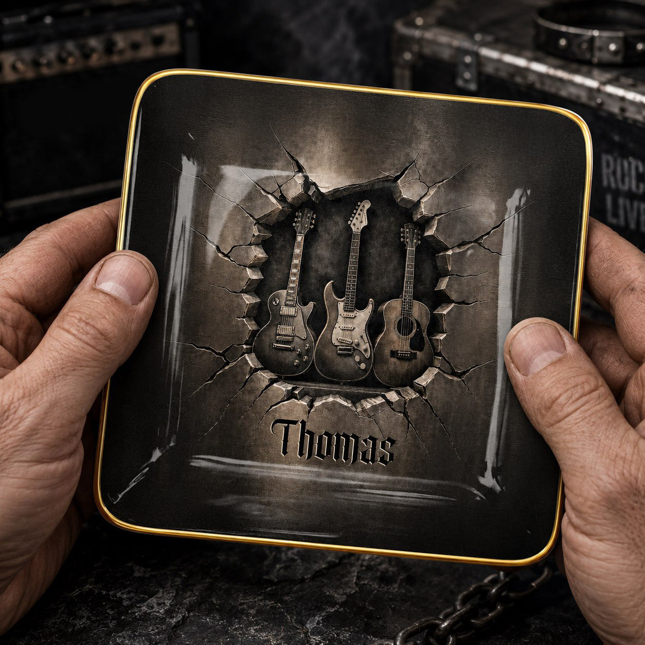 Rock On With Your Own Custom Stage Style Guitars 3D Effect - Personalized Custom Jewelry Dish, Ceramic Dish, Square Shape - MUSIC097_SCRF
