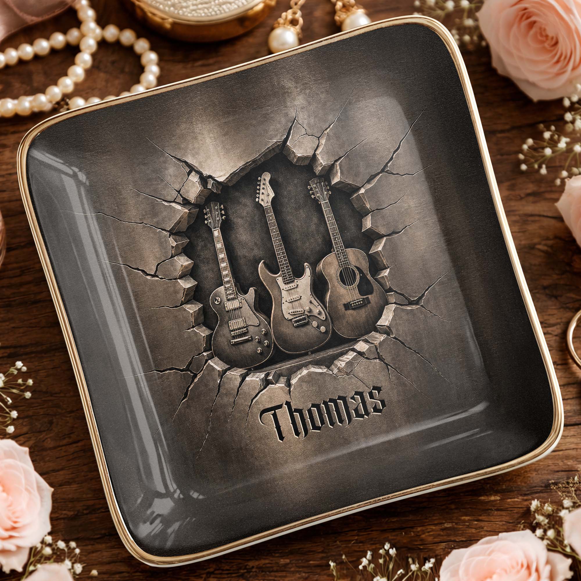 Rock On With Your Own Custom Stage Style Guitars 3D Effect - Personalized Custom Jewelry Dish, Ceramic Dish, Square Shape - MUSIC097_SCRF
