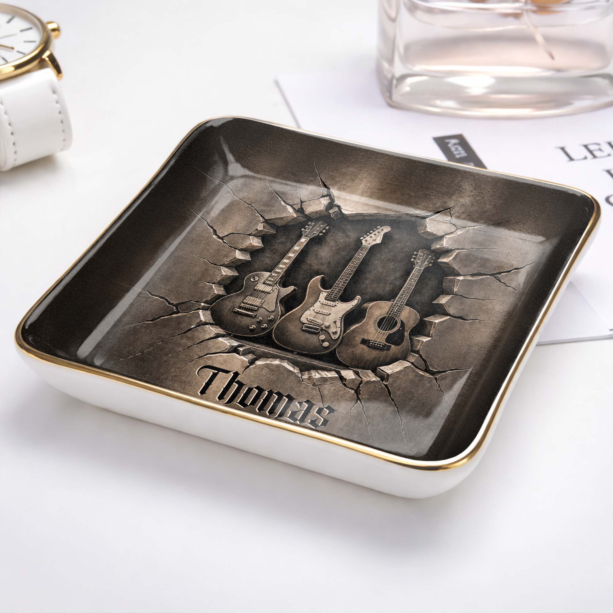 Rock On With Your Own Custom Stage Style Guitars 3D Effect - Personalized Custom Jewelry Dish, Ceramic Dish, Square Shape - MUSIC097_SCRF