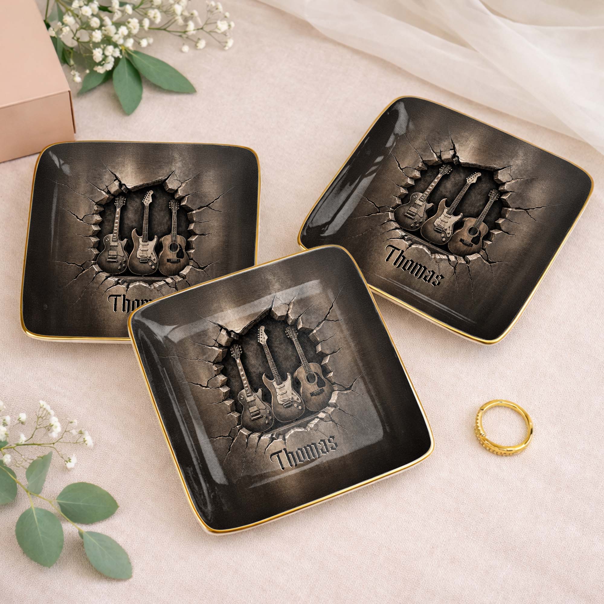 Rock On With Your Own Custom Stage Style Guitars 3D Effect - Personalized Custom Jewelry Dish, Ceramic Dish, Square Shape - MUSIC097_SCRF