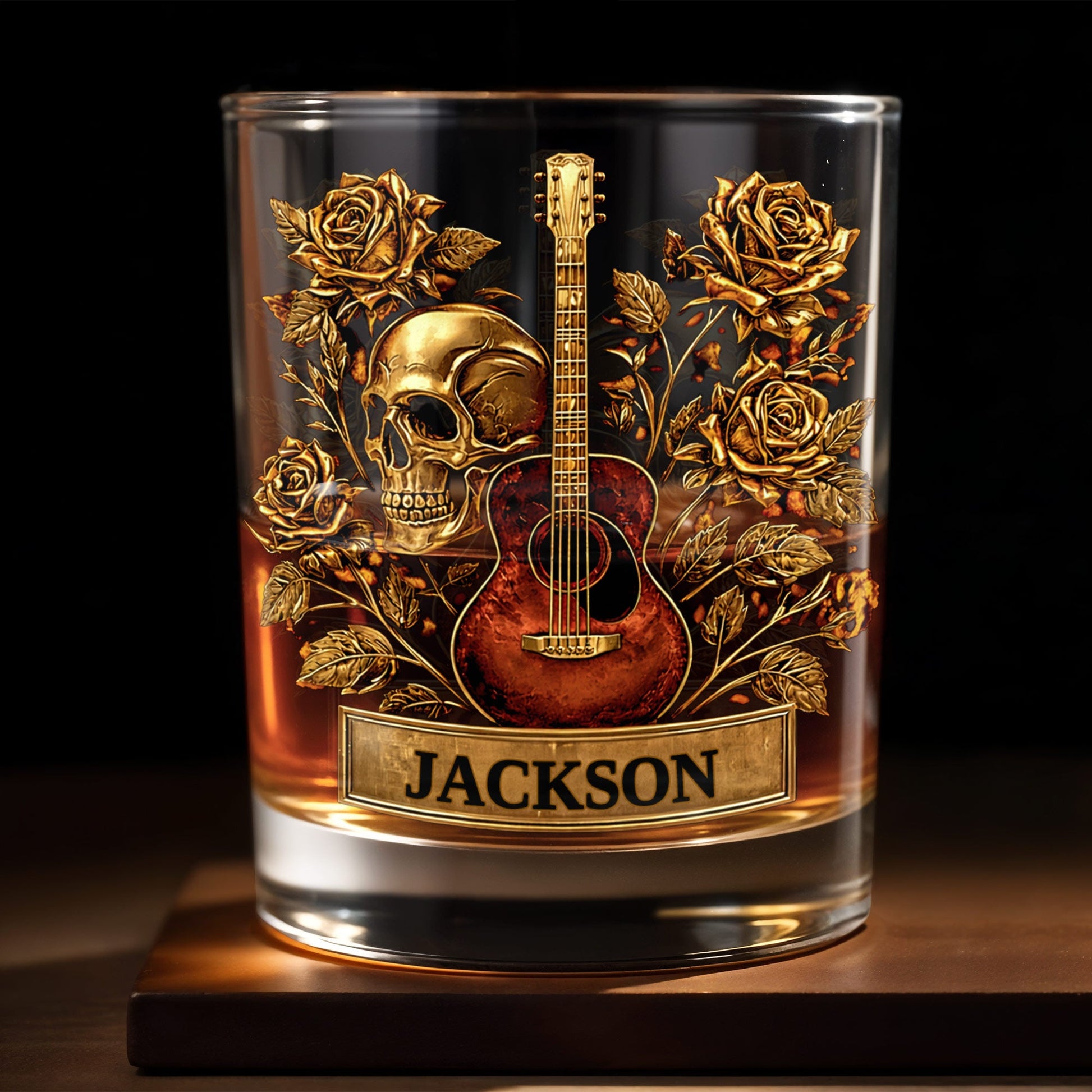 A Soulful Melody Guitar Skull And Golden Roses Gothic Music Theme - Personalized Custom Whiskey Glass - MUSIC128_RWG