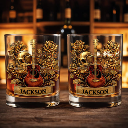 A Soulful Melody Guitar Skull And Golden Roses Gothic Music Theme - Personalized Custom Whiskey Glass - MUSIC128_RWG