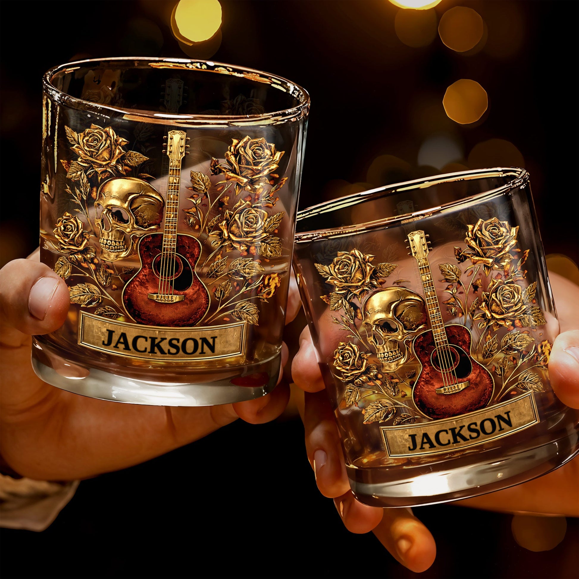 A Soulful Melody Guitar Skull And Golden Roses Gothic Music Theme - Personalized Custom Whiskey Glass - MUSIC128_RWG