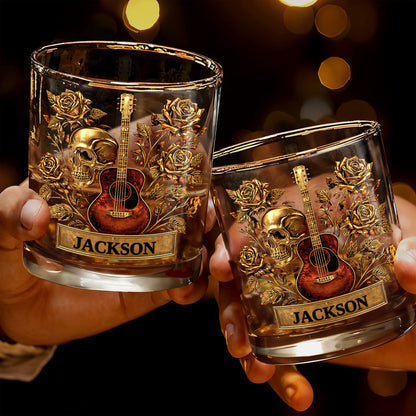 A Soulful Melody Guitar Skull And Golden Roses Gothic Music Theme - Personalized Custom Whiskey Glass - MUSIC128_RWG