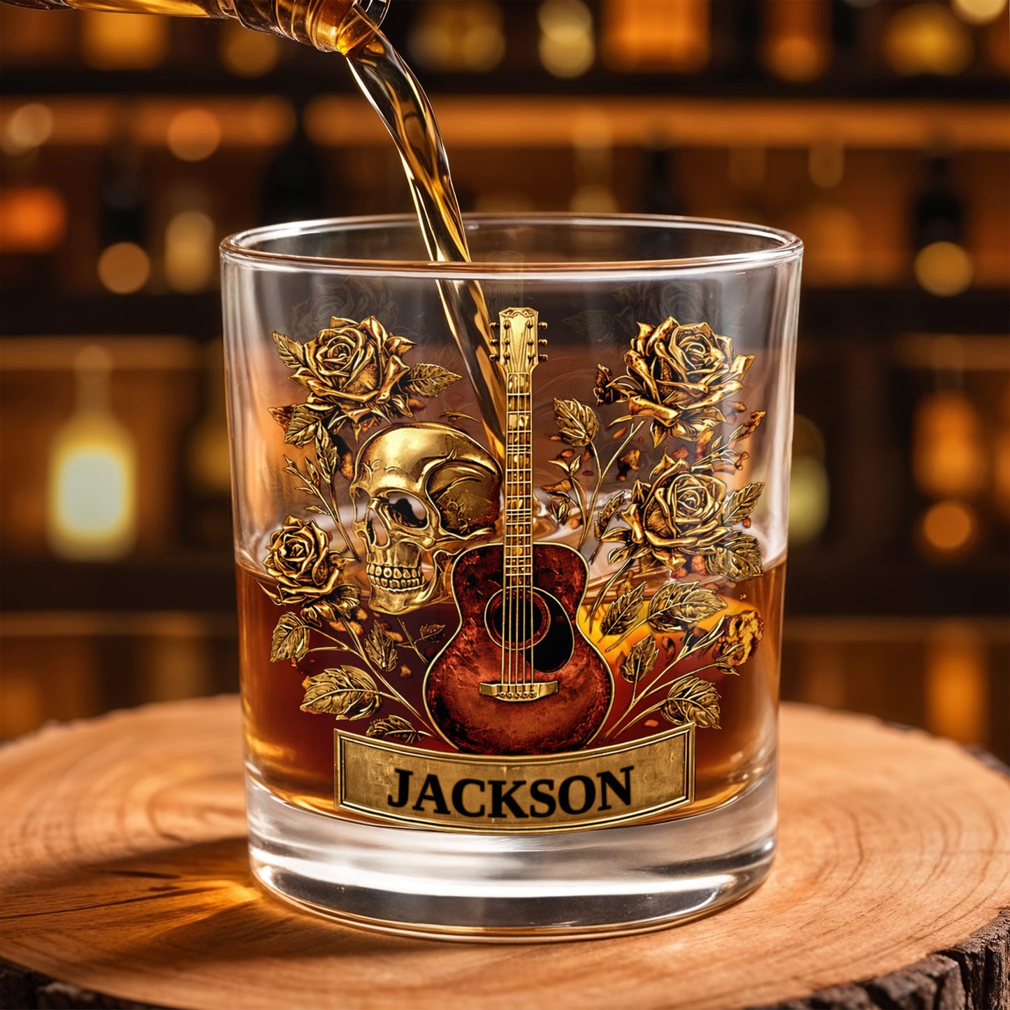 A Soulful Melody Guitar Skull And Golden Roses Gothic Music Theme - Personalized Custom Whiskey Glass - MUSIC128_RWG