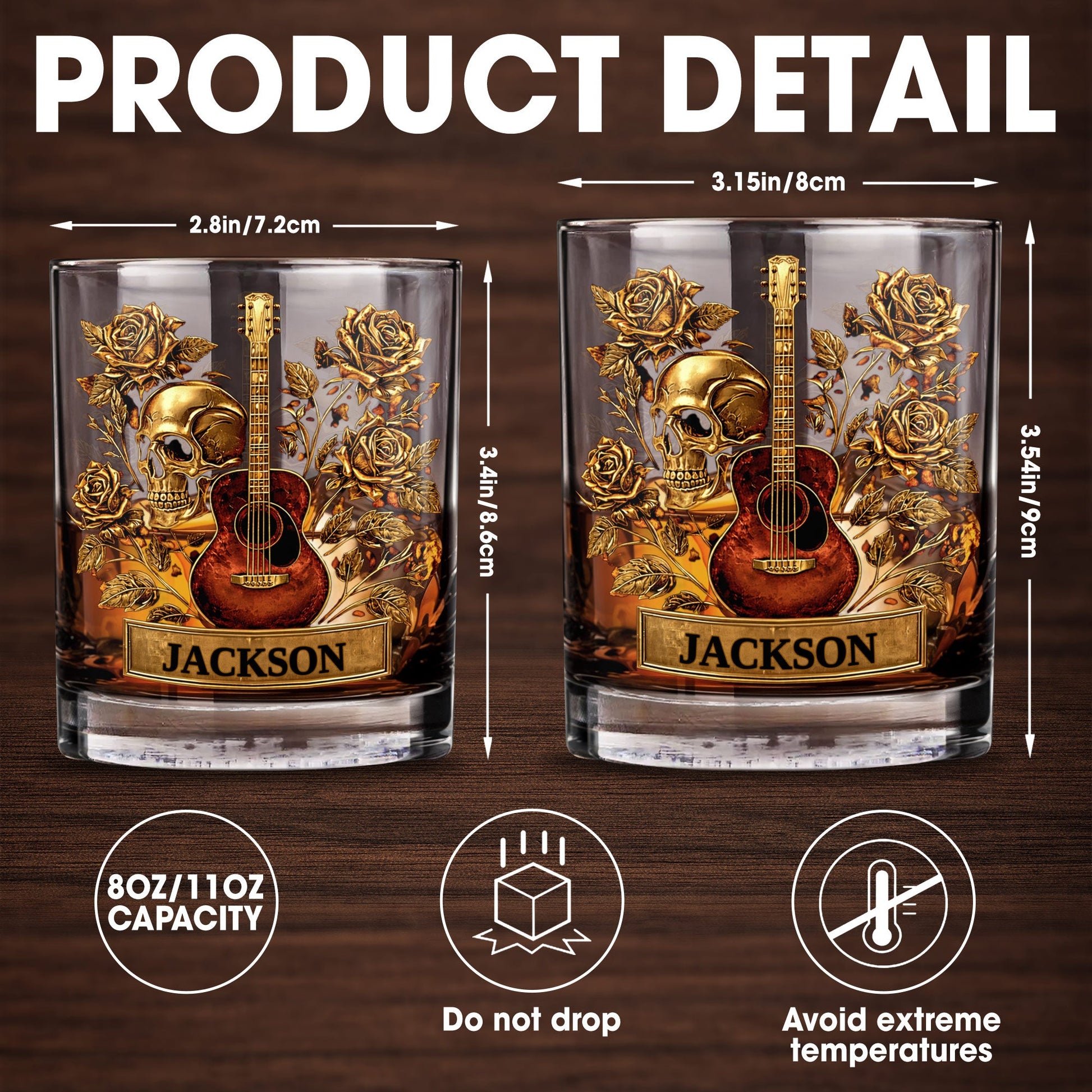A Soulful Melody Guitar Skull And Golden Roses Gothic Music Theme - Personalized Custom Whiskey Glass - MUSIC128_RWG