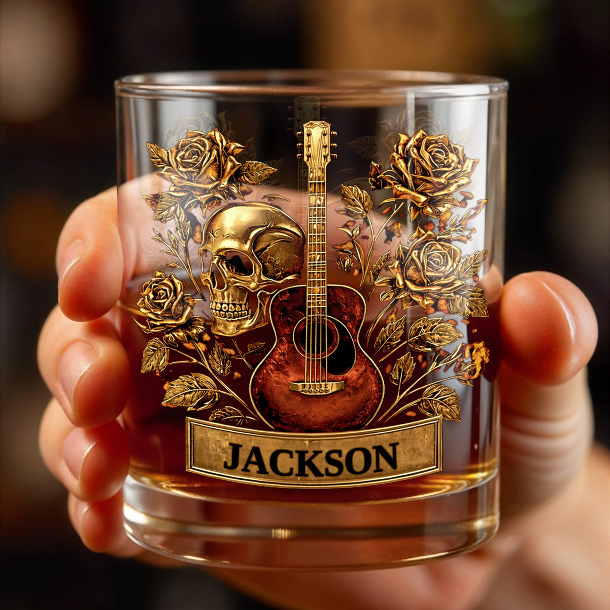 A Soulful Melody Guitar Skull And Golden Roses Gothic Music Theme - Personalized Custom Whiskey Glass - MUSIC128_RWG