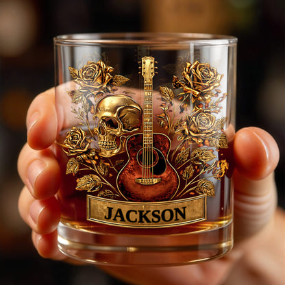 A Soulful Melody Guitar Skull And Golden Roses Gothic Music Theme - Personalized Custom Whiskey Glass - MUSIC128_RWG