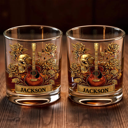 A Soulful Melody Guitar Skull And Golden Roses Gothic Music Theme - Personalized Custom Whiskey Glass - MUSIC128_RWG