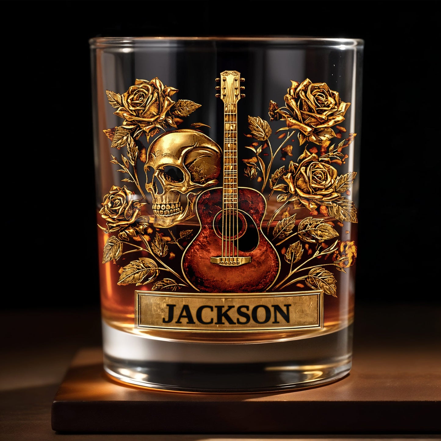 A Soulful Melody Guitar Skull And Golden Roses Gothic Music Theme - Personalized Custom Whiskey Glass - MUSIC128_RWG