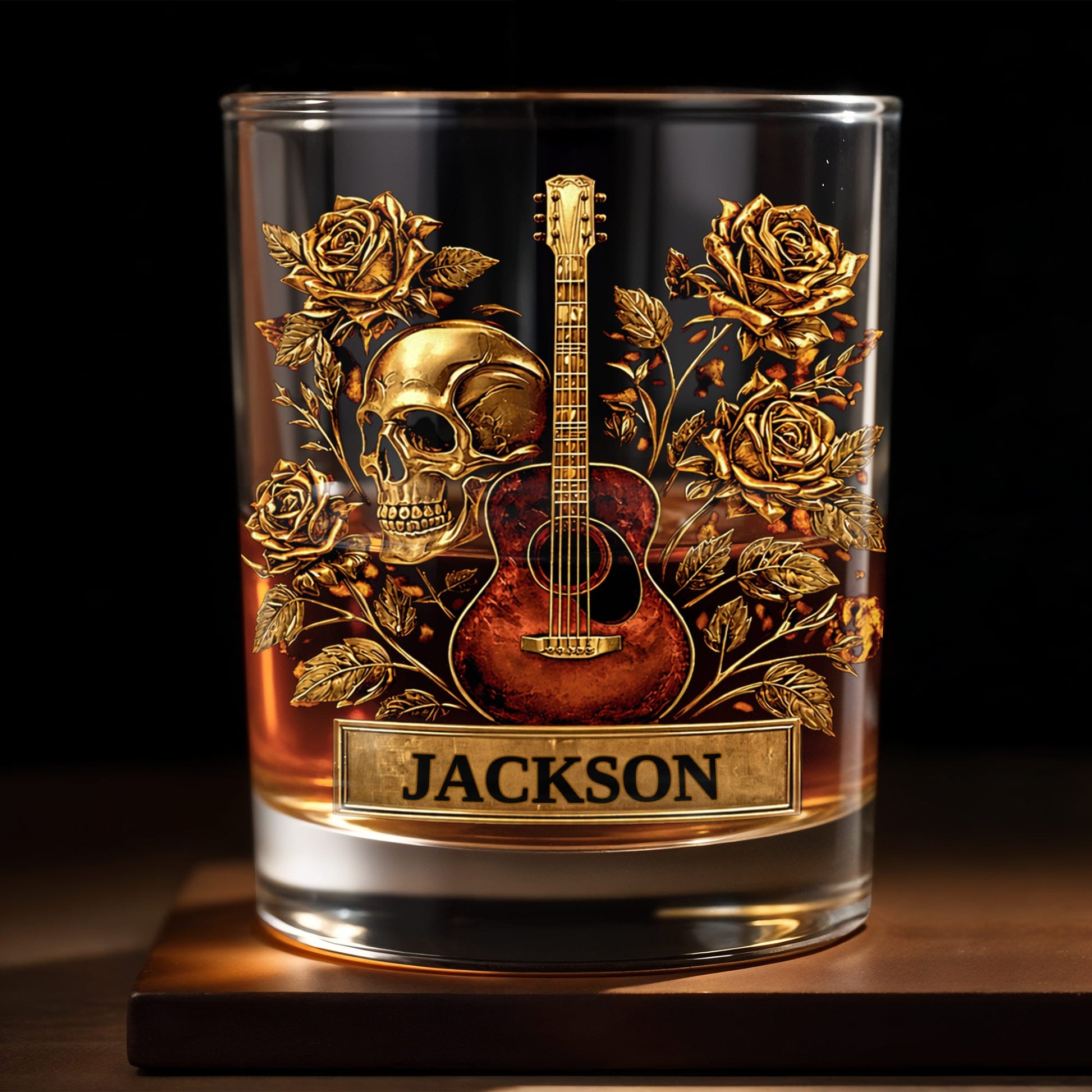 A Soulful Melody Guitar Skull And Golden Roses Gothic Music Theme - Personalized Custom Whiskey Glass - MUSIC128_RWG