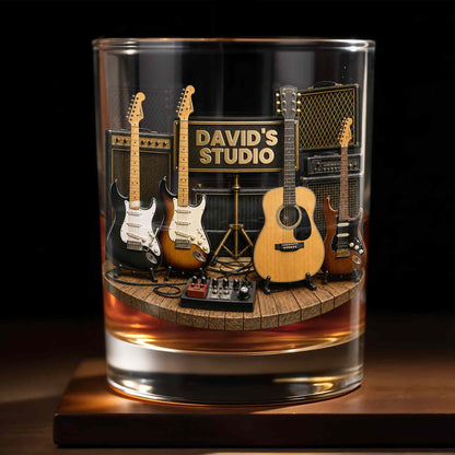Studio With Guitars And Amplifiers Custom 3D Effect Design - Personalized Custom Whiskey Glass - MUSIC152_RWG