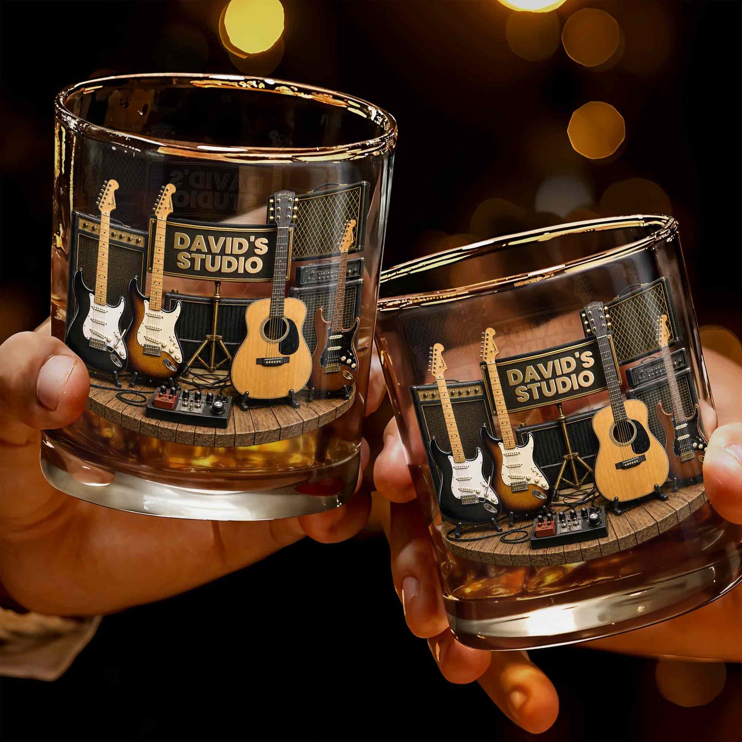 Studio With Guitars And Amplifiers Custom 3D Effect Design - Personalized Custom Whiskey Glass - MUSIC152_RWG