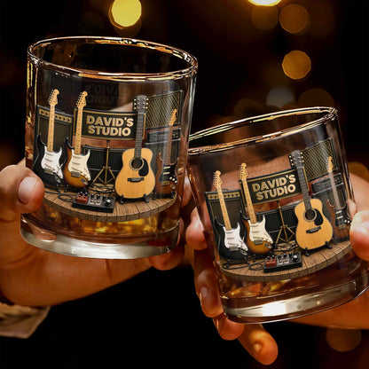 Studio With Guitars And Amplifiers Custom 3D Effect Design - Personalized Custom Whiskey Glass - MUSIC152_RWG