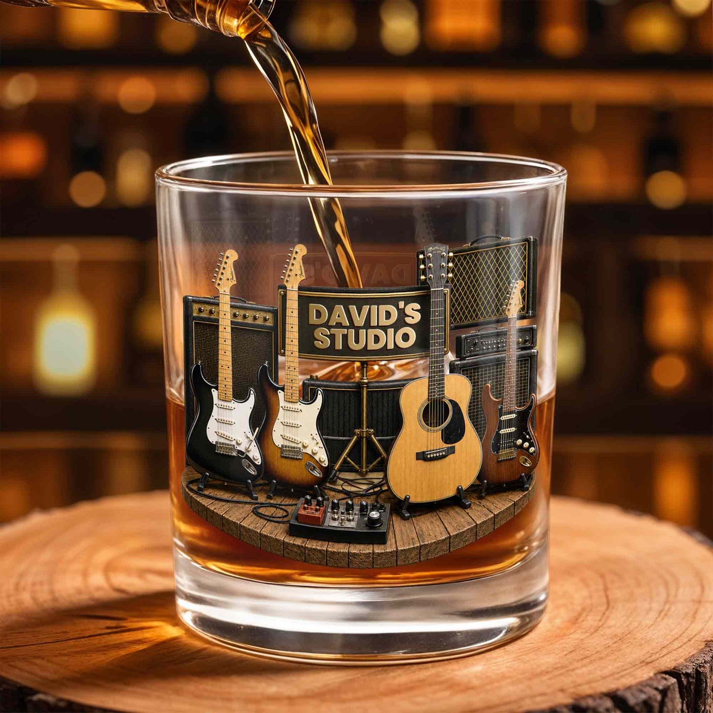 Studio With Guitars And Amplifiers Custom 3D Effect Design - Personalized Custom Whiskey Glass - MUSIC152_RWG