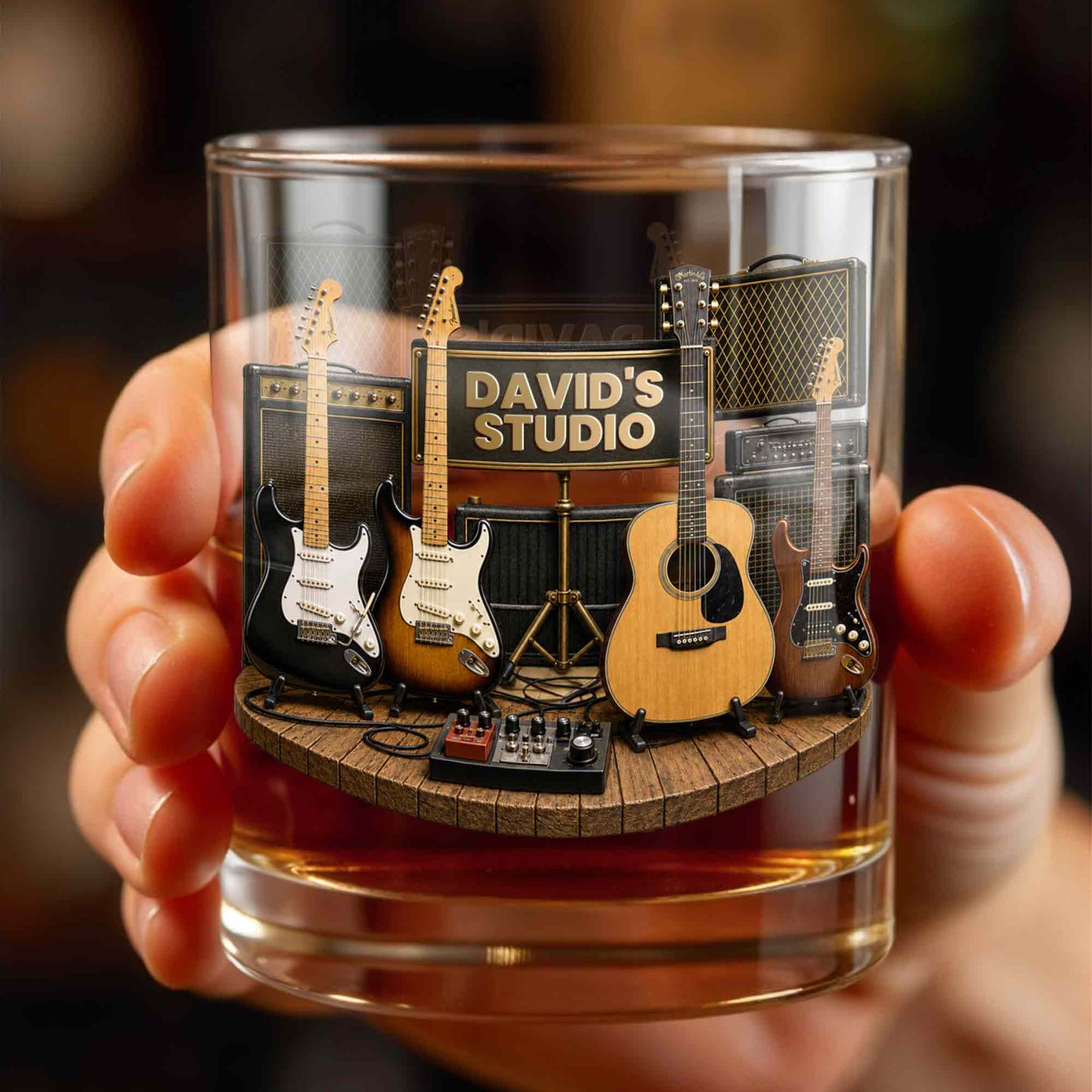 Studio With Guitars And Amplifiers Custom 3D Effect Design - Personalized Custom Whiskey Glass - MUSIC152_RWG
