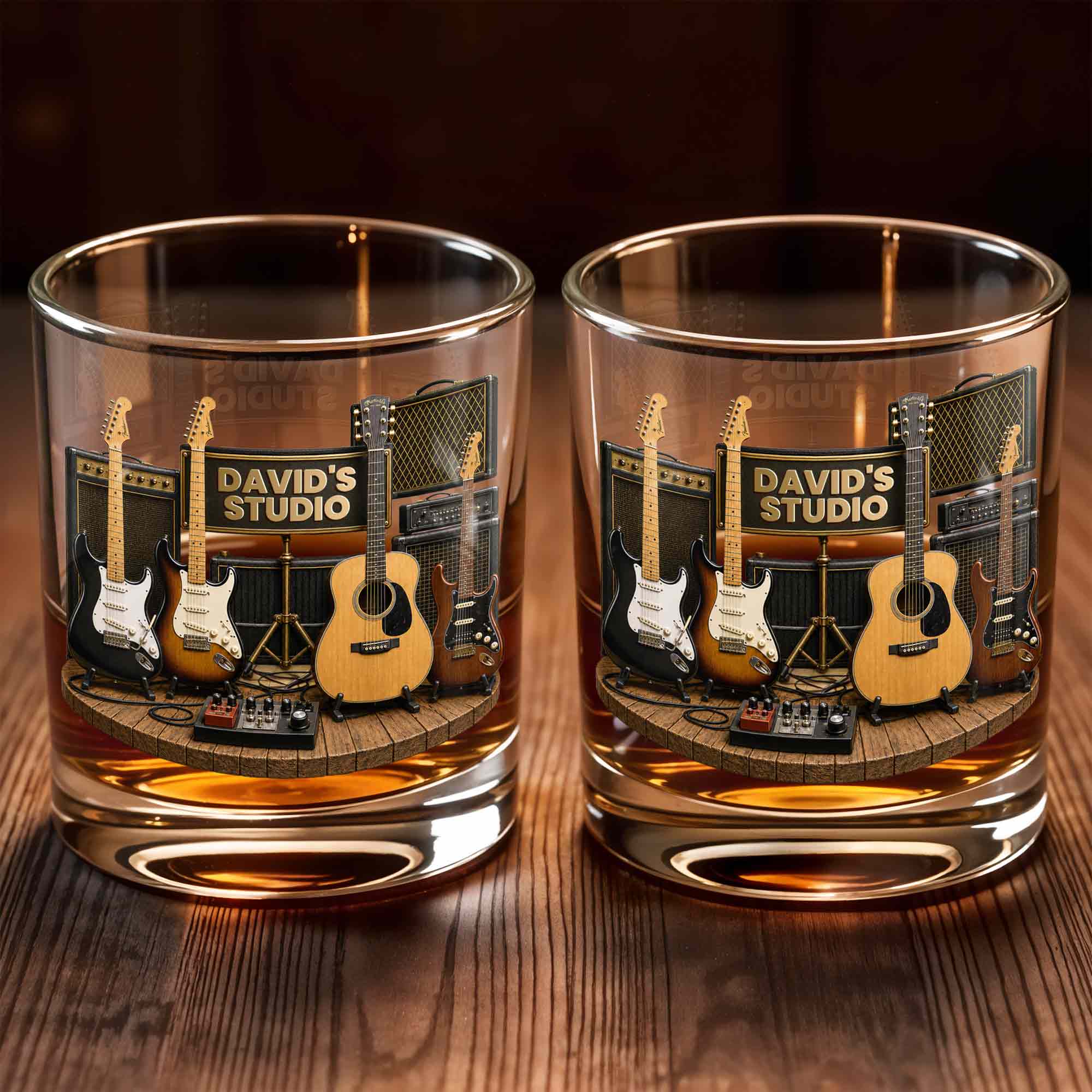 Studio With Guitars And Amplifiers Custom 3D Effect Design - Personalized Custom Whiskey Glass - MUSIC152_RWG